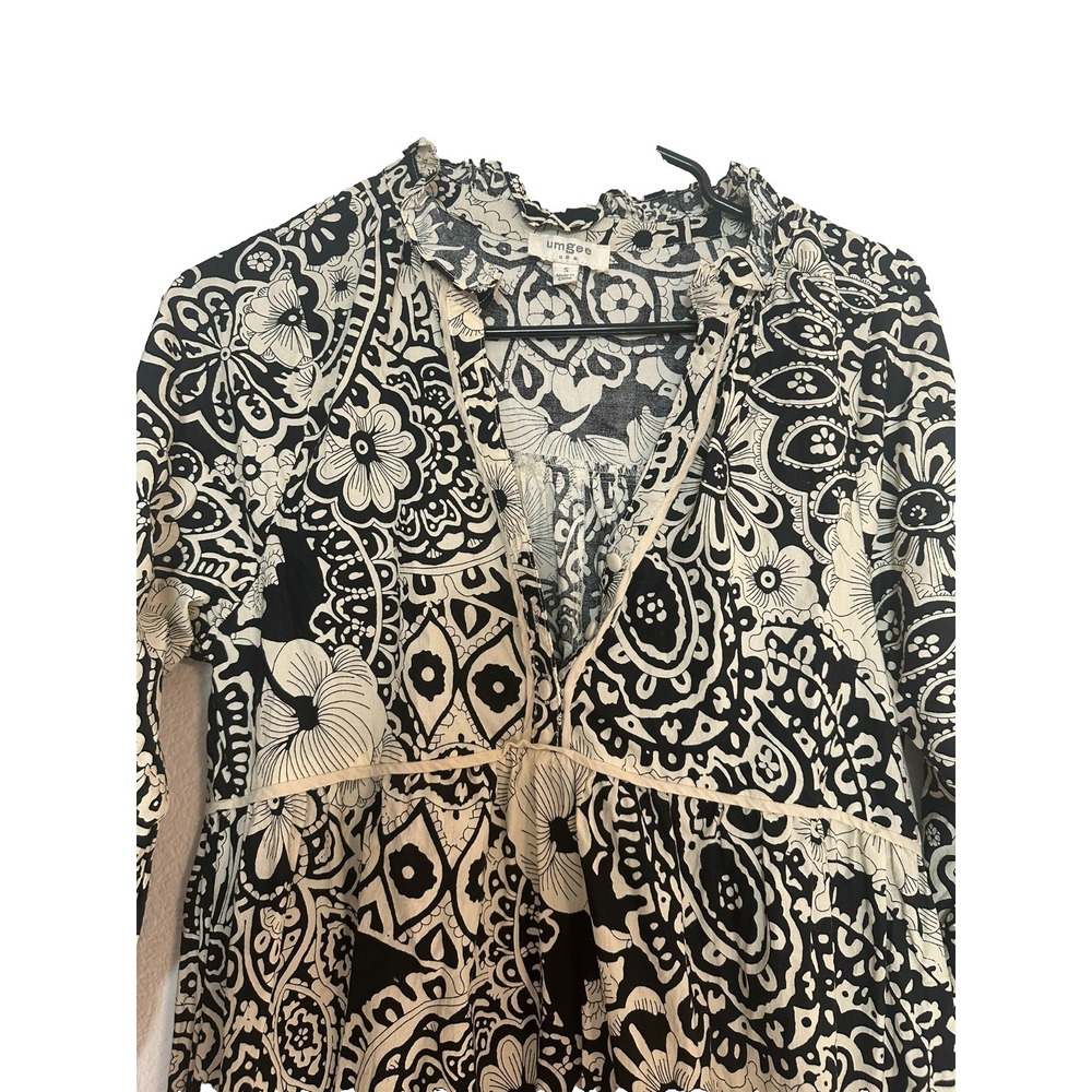 Umgee Black Vintage Garden Shirt Dress Tiered Midi Length w/ Puff Sleeves sz S - Picture 4 of 9